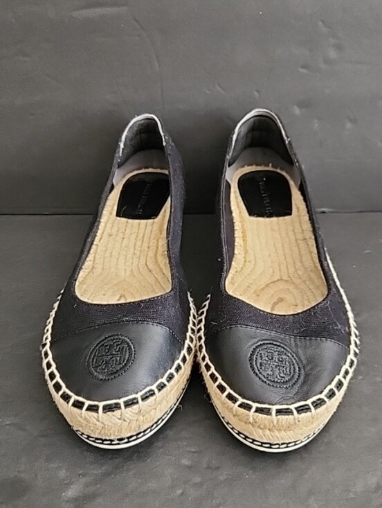 Tory Burch Shoes - Tory Burch Espadrille Flat Logo Black Leather Canvas Women Size 8.5